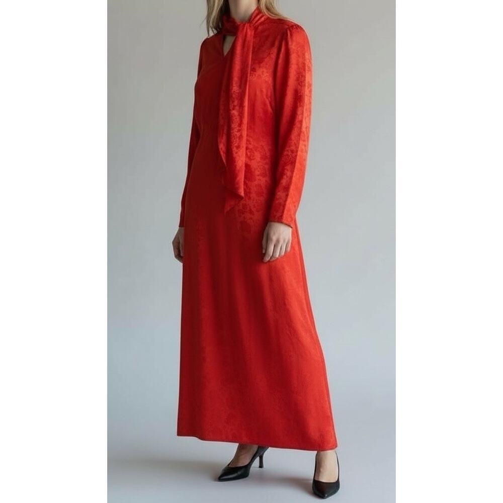 Vintage Mollie Parnis Red Caftan Maxi Dress Scarf Neck Women M Satin 1970s